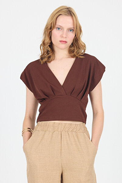 Rays Bluză crop dublu piept cu decolteu în V căptușită maro 4227