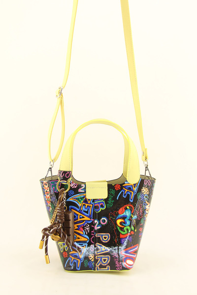 HNB Women's Yellow Black Monogram Printed Mini Bucket Bag