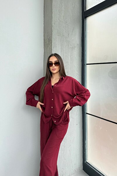 Mezka طقم نسائي مكون من قميص كتان مريح ذو قصة مزدوجة وبنطلون سفلي