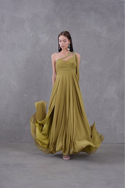 Neşeli Butik Women's Stone Embroidered One Shoulder Slit Chiffon Evening Dress Nbs9368