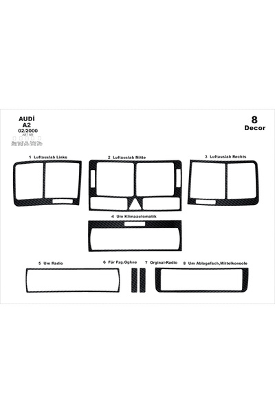 Marscockpitdesign Audi A2 Console-Torpedo Trim 2000-2005 8 Pieces