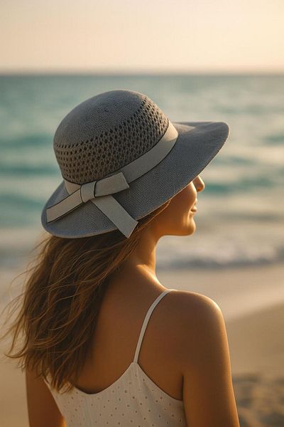 cotonhause Women's Gray Straw Look Summer Beach Hat – Cream Ribbon Detail 24740-14