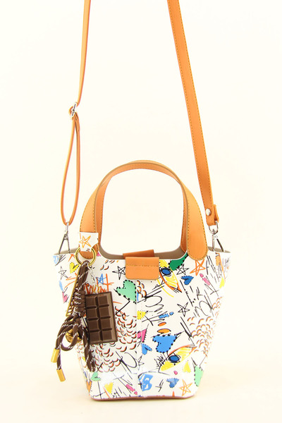 HNB Women's Orange Monogram Printed Mini Bucket Bag