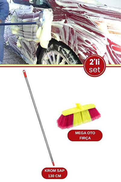 Flora Profesyonel Mega Oto Fırçası ve Krom Sap Seti, Otomobil Minibüs Otobüs Yıkama Fırça + Krom Sap 130cm