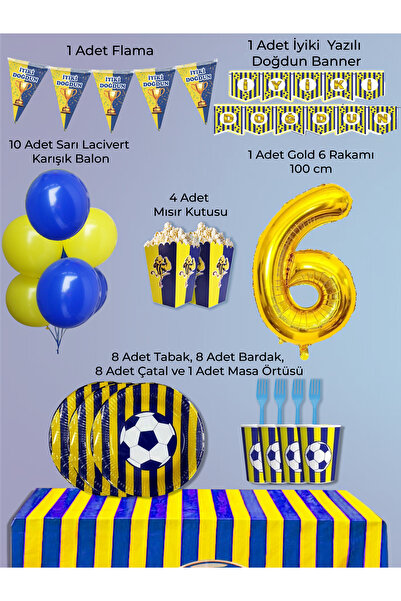 PartyPoo Yellow Navy Blue Fan 8-Person Birthday Party Supplies Set |   1 Year...