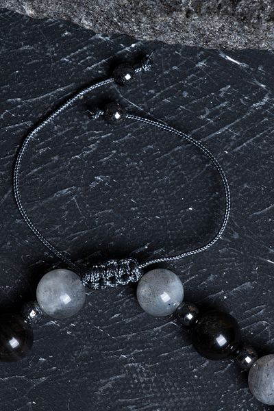 OSMANLI DOĞAL TAŞ Certified Labradorite, Obsidian, Hematite Natural Stone Macrame Bracelet
