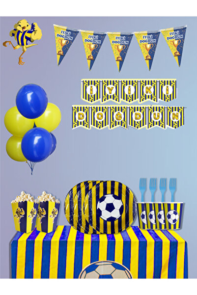 PartyPoo Yellow Navy Blue Fan Themed Birthday Party Set Supplies for 24 Peopl...