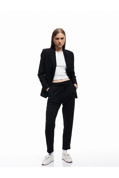 Koton Lapel Collar Crepe Scuba Fabric Ribbed Carrot Cut Pants with Pockets