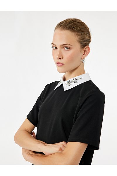 Koton Color Contrast Short Sleeve Shirt Collar Stone Detailed T-Shirt