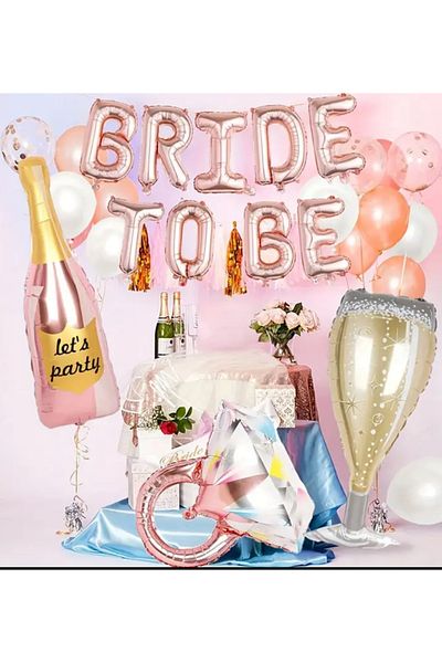 Çemrek Süs Parti Rose Gold Bride Foil Balloon Champagne Bottle Goblet Solitaire Foil Balloon Set