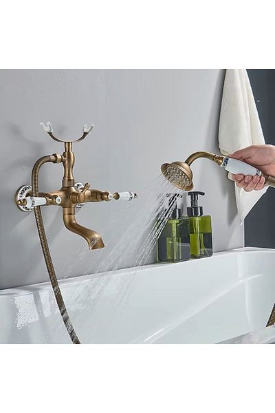 Rain Drop De la Robinetul Meu Antique Shower Set, Telephone Style, Ceramic Ornament, Bathtub Faucet and Hand Shower