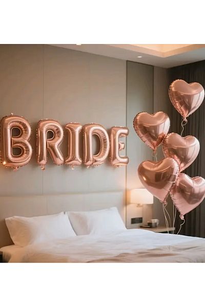 Çemrek Süs Parti Bride Foil Balloon Set and 5Pcs Heart Foil Balloon Rosegold