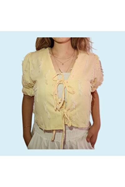 Mistix Önden Bağlamalı Balon Kol Püsküllü Keten Gömlek - SARI