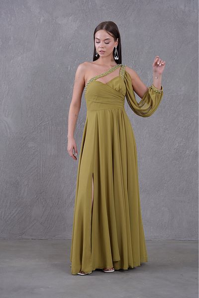 Neşeli Butik Women's Stone Embroidered One Shoulder Slit Chiffon Evening Dress Nbs9368