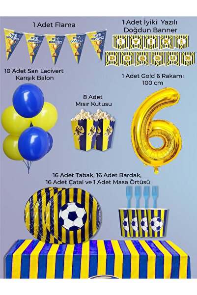 PartyPoo Yellow Navy Blue Fan Birthday Party Supplies Set for 16 People |   6...