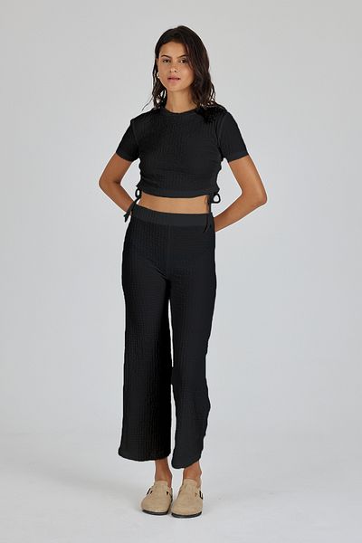 Yavuz Kapıcı Women's Seersucker Fabric Crop and Trousers Set with Side Drawstring Detail