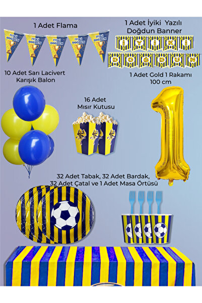 PartyPoo Yellow Navy Blue Fan Birthday Party Supplies Set for 32 People |   1...