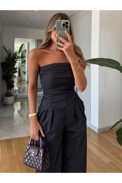 My Blog Sötétkék pánt nélküli farmer Bustier nadrág szett - 5148