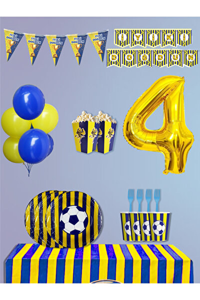 PartyPoo Yellow Navy Blue Fan 24 Person Birthday Party Supplies Set |   4 Yea...