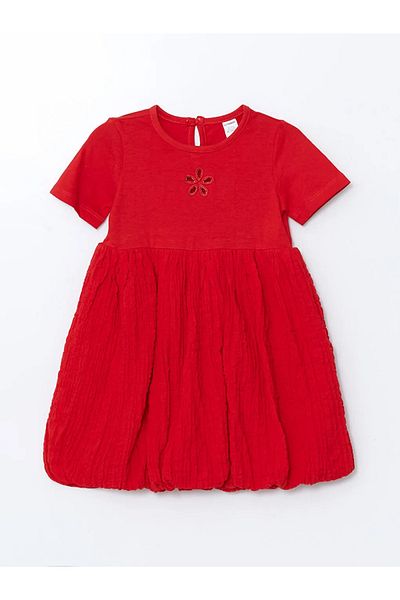 LC Waikiki Lcw Kids Red Embroidered Crinkle Gathered Girl's Dress