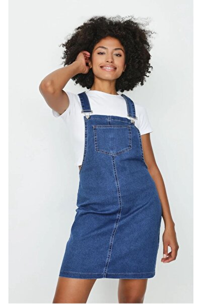 Shield Life Slopet Etek Tulum Askılı Kot Etek Kadın Etek Mavi