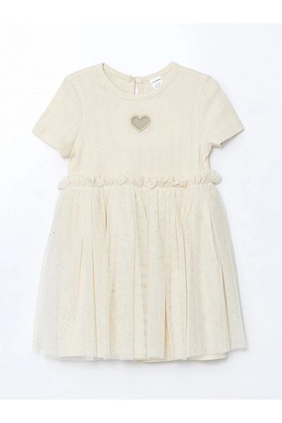 LC Waikiki Lcw Kids Beige Embroidered Combed Cotton Tulle Girls' Dress