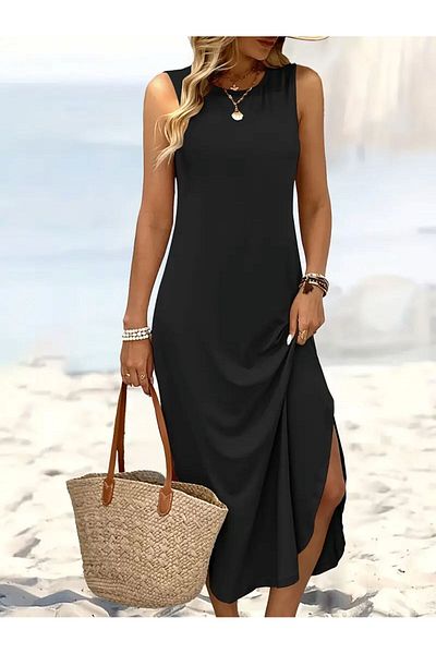 CrazyShopping Women's Etegi Oval Slit Zero Sleeve Vikon Midi Length Dress