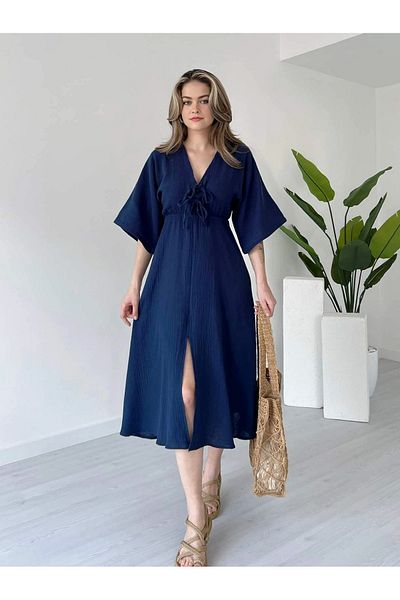 Dks Life V-Neck, Lace-Up Bust, Front Slit Midi Length Muslin Linen Dress