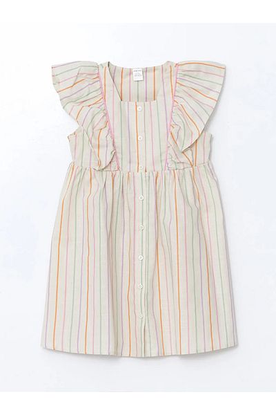LC Waikiki Lcw Kids Ecru Striped Ruffled Girls Linen Dress