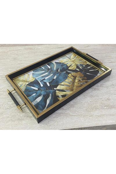 Altabi Digital Printed Glass Serving Tray – Modern Patterned, Metal Handle 42X29 cm