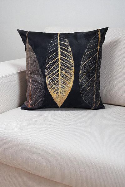 lissehome Black Digital Printed Throw Pillow Case with Gold Leaf Pattern - 40X40 cm
