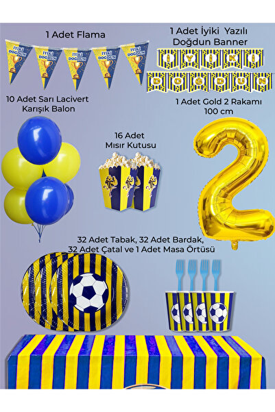 PartyPoo Yellow Navy Blue Fan Birthday Party Supplies Set for 32 People |   2...