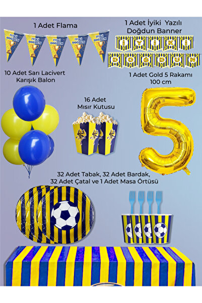 PartyPoo Yellow Navy Blue Fan Birthday Party Supplies Set for 32 People |   5...