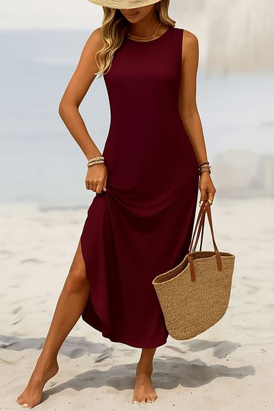 CrazyShopping Women's Etegi Oval Slit Zero Sleeve Vikon Midi Length Dress