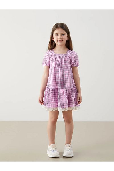 LC Waikiki Lcw Kids Pink Plaid Lace Detailed Girl's Dress