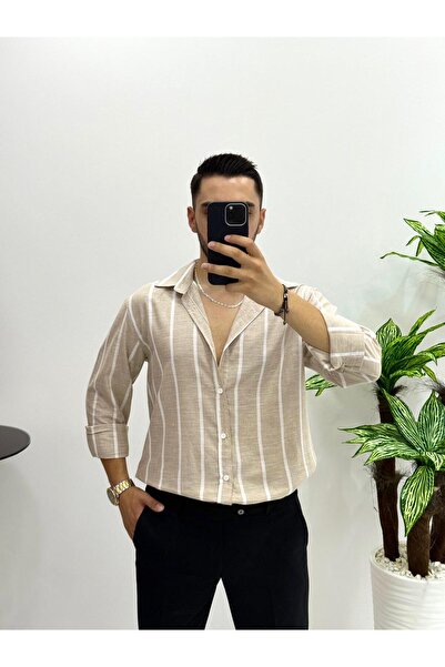 HA-KA GİYİM Erkek Yeni Sezon Çizgili Pamuk Keten Gömlek