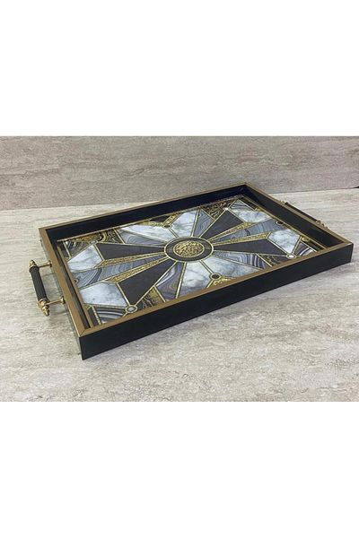 Altabi Digital Printed Glass Serving Tray – Modern Patterned, Metal Handle 42X29 cm