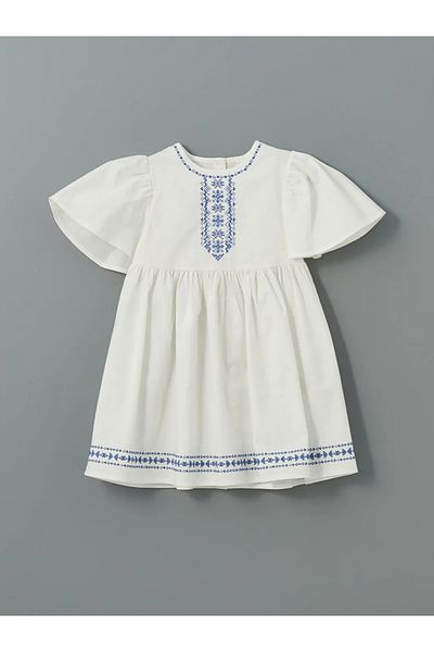 LC Waikiki Lcw Kids Ecru Crew Neck Girls' Linen Dress
