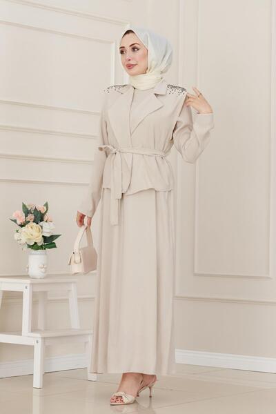 Sevitli Γιλέκο Πέτρινο Λεπτομερές Φόρεμα-Μπεζ