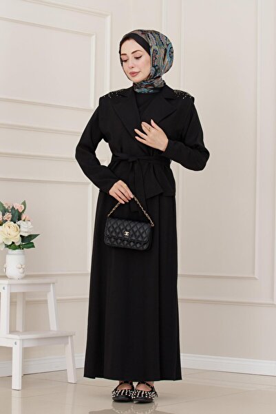 Sevitli فستان تينسل بتفاصيل حجرية على الصدر - أسود