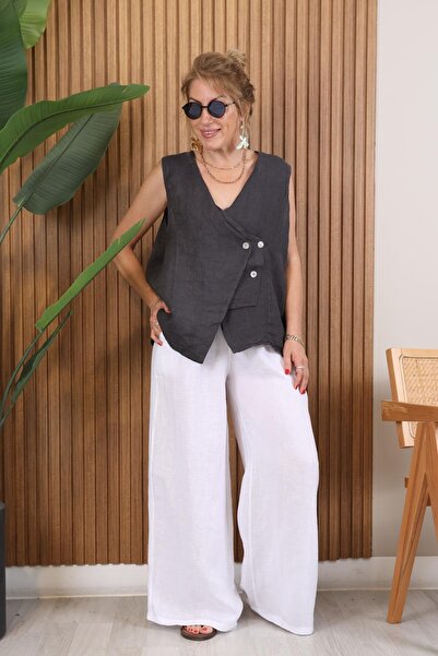 MİSLİNA BUTİK İthal Keten Çift Düğme Detay Beyaz Pantolon