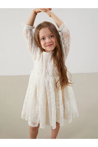 LC Waikiki Lcw Kids Ecru Crew Neck Lace Girls' Dress