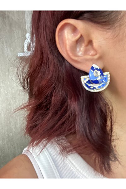 Byoz store أقراط مزدوجة ذات طابع ذهبي باللون الأزرق الداكن