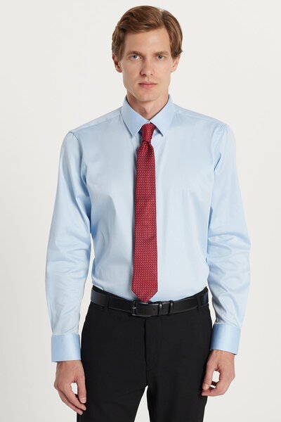 Tudors Erkek Slim Fit Premium Likralı Pamuk Saten Açık Mavi Gömlek