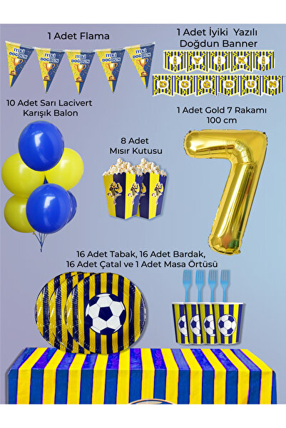 PartyPoo Yellow Navy Blue Fan Birthday Party Supplies Set for 16 People |   7...