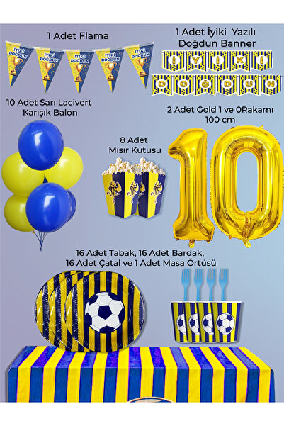 PartyPoo Yellow Navy Blue Fan Birthday Party Supplies Set for 16 People |   1...