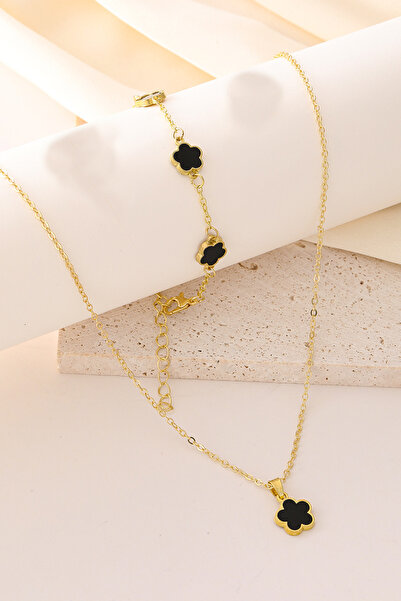 Glaren Siyah Yonca Tasarım Kadın Kolye Bileklik Seti