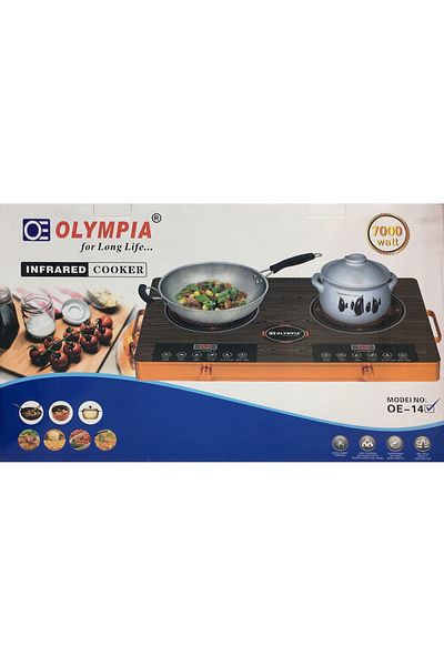 Olympia موقد حثي محمول مزدوج، شعلتان، قوة 7000 واط، 10 مستويات حرارة، قفل أمان، مؤقت، خدش