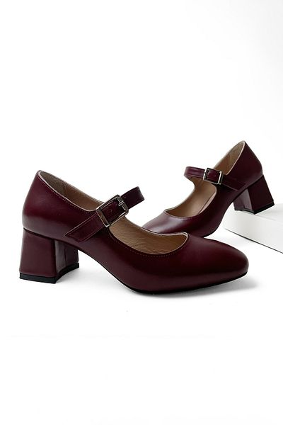 RABU Burgundy Women's Genuine Leather 5cm Heeled Mary Jane Heeled Shoes