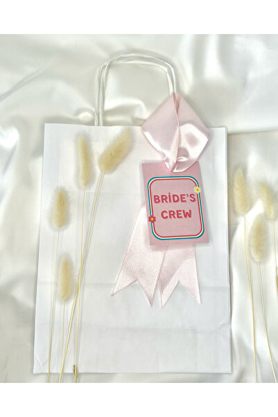 ATOLYE498 10 ADET BRİDE'S CREW PEMBE ETİKETLİ BEYAZ KRAFT KAĞIT-KARTON ÇANTA-HEDİYELİK ÇANTA/BEKARLIĞA VEDA